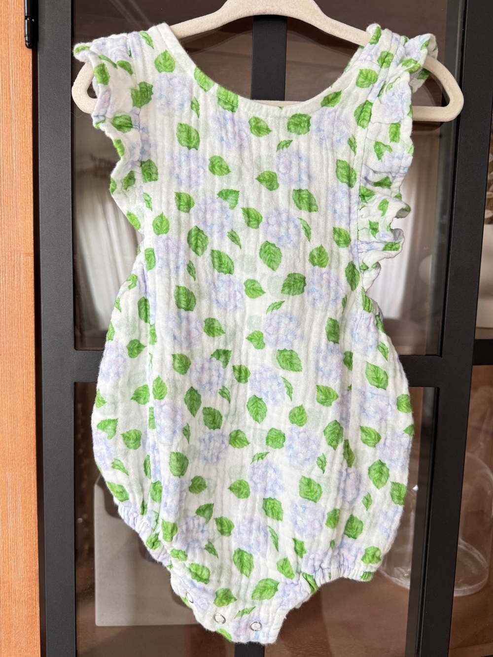 Stitchy Fish Hydrangeas Blooms Muslin Bubble romper baby girl floral sleeveless